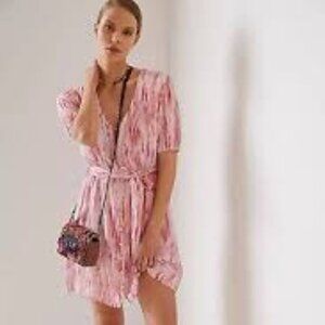 ANTHROPOLOGIE PINK AND WHITE BUTTON-UP MINI DRESS WITH WAIST TIE SIZE XS NEW